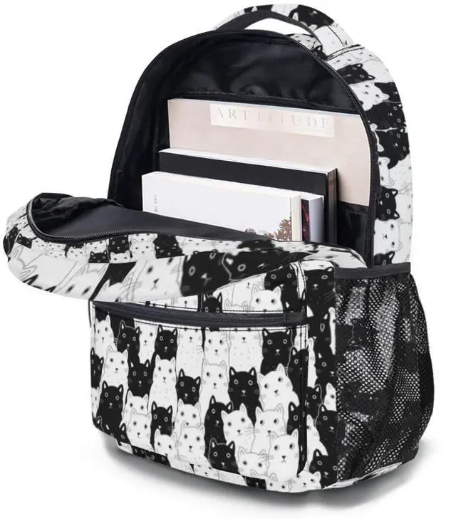 Alt view image 4 of 5 - Ancordivo Cute Cat Backpack Black and White Cat Theme Print School Bookbag Fun Animals Pattern College Shoulders Back Pack for Travel Hiking Camping