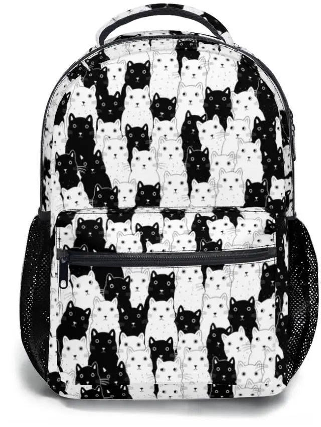 Main image of Ancordivo Cute Cat Backpack Black and White Cat Theme Print School Bookbag Fun Animals Pattern College Shoulders Back Pack for Travel Hiking Camping