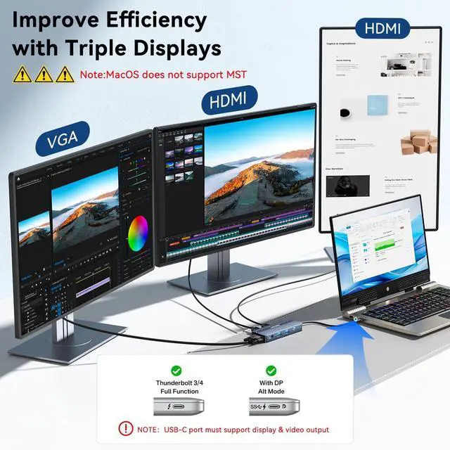 Alt view image 3 of 5 - ANYOYO USB C Docking Station Dual HDMI Monitor Adapter 8-in-1 USB C HUB 3 Monitors Adapter with 4K HDMI +VGA +PD100W+Audio Laptop Docking Station for Dell/Lenovo/HP/Samsung/ASUS (Gary)