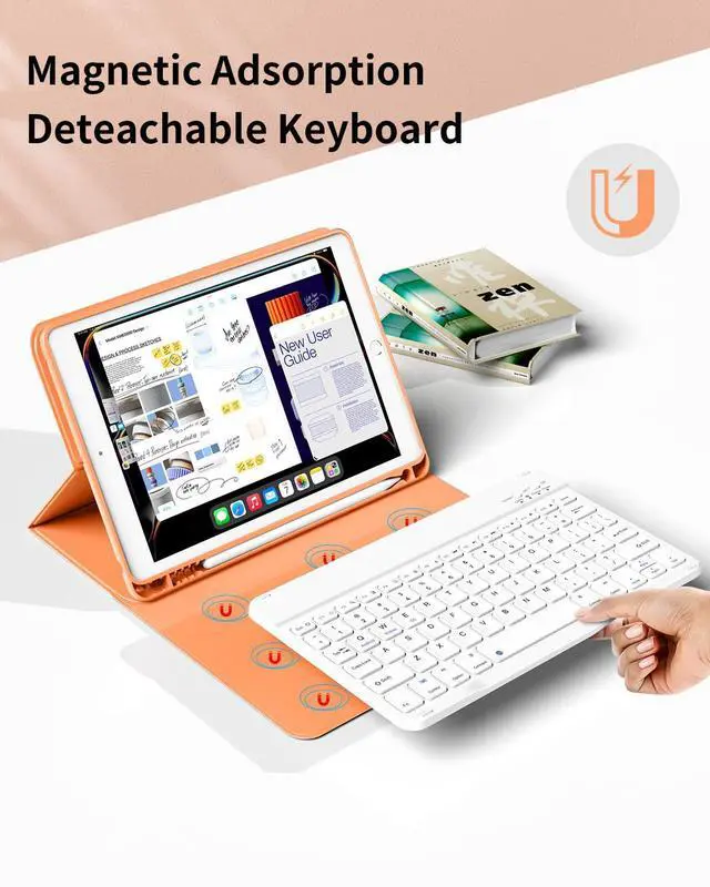 Alt view image 3 of 5 - aoub Keyboard Case for iPad 9th/8th/7th Generation 10.2 Inch (2021/2020/2019) Detachable Wireless Bluetooth Keyboard, Stand Folio Cover with Pencil Holder, Auto Sleep/Wake, Orange