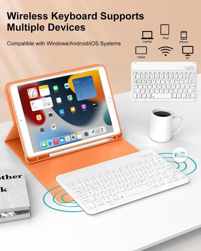 Alt view image 5 of 5 - aoub Keyboard Case for iPad 9th/8th/7th Generation 10.2 Inch (2021/2020/2019) Detachable Wireless Bluetooth Keyboard, Stand Folio Cover with Pencil Holder, Auto Sleep/Wake, Orange