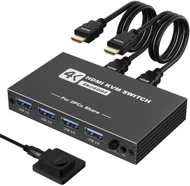 Main image of USB 3.0 HDMI KVM Switch 1 Monitors 2 Computers, 4K@60Hz KVM Switch, USB Switch, KVM Switches for 2 Computers Sharing Monitor Keyboard Mouse Printer, Included 2 HDMI Cables 2 USB Cables and Controller