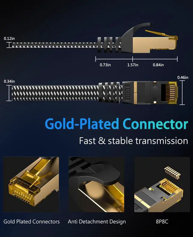 Alt view image 4 of 5 - ARISKEEN Cat 8 Ethernet Cable 50 FT, Nylon Braided High Speed Cat8 Network LAN Patch Cord, 40Gbps 2000Mhz Shielded RJ45 Flat Internet Cable (Black)