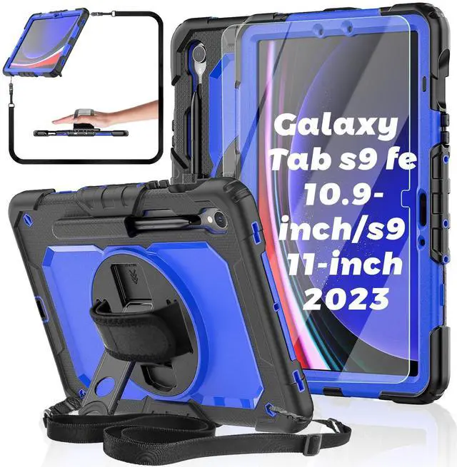 Main image of BASE MALL Case for Samsung Galaxy Tab S10 FE/S9 FE/S9 Tablet Case 10.9/11-inch 2023 with Tempered Glass Screen Protector, Rotatable Kickstand/Hand & Shoulder Strap/S Pen Holder (Blue)