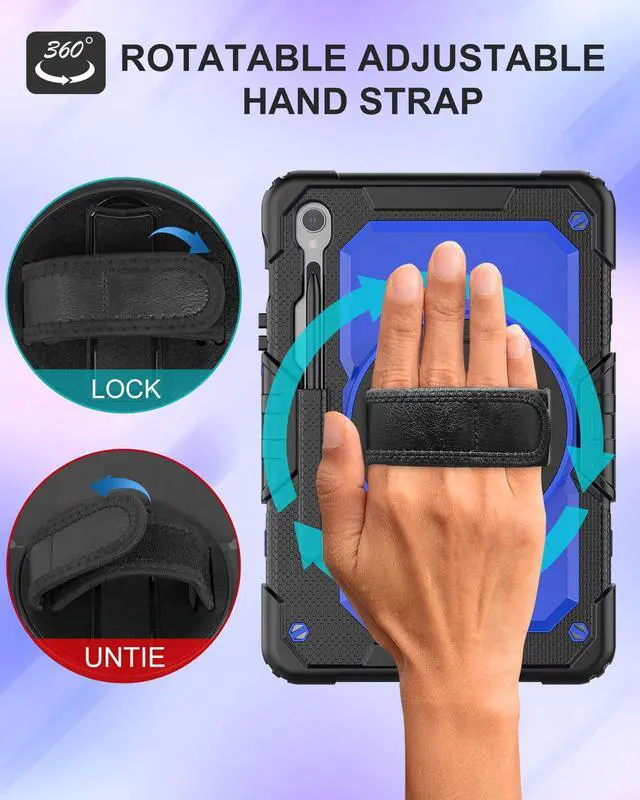 Alt view image 4 of 5 - BASE MALL Case for Samsung Galaxy Tab S10 FE/S9 FE/S9 Tablet Case 10.9/11-inch 2023 with Tempered Glass Screen Protector, Rotatable Kickstand/Hand & Shoulder Strap/S Pen Holder (Blue)