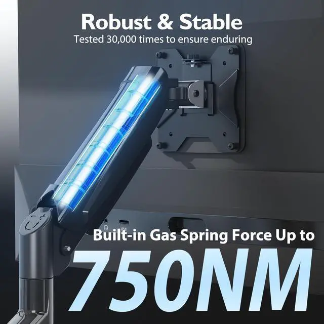 Alt view image 3 of 5 - BONTEC Single Monitor Arm Desk Mount for 13-34 Inch Screens, Adjustable Gas Spring Arm with Tilt, Swivel, Rotation, VESA 75x75mm 100x100mm, Holds up to 19.8lbs, C-Clamp & Grommet Base, Ergonomic Stand