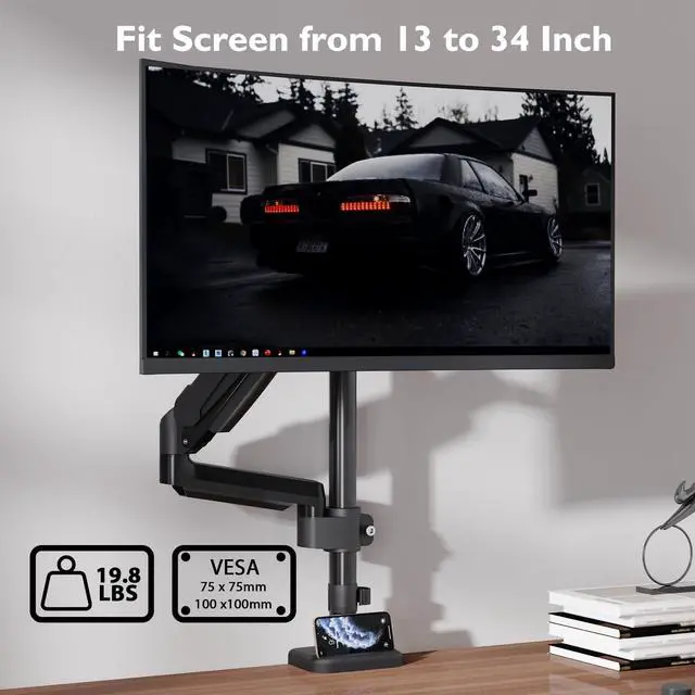 Alt view image 4 of 5 - BONTEC Single Monitor Arm Desk Mount for 13-34 Inch Screens, Adjustable Gas Spring Arm with Tilt, Swivel, Rotation, VESA 75x75mm 100x100mm, Holds up to 19.8lbs, C-Clamp & Grommet Base, Ergonomic Stand