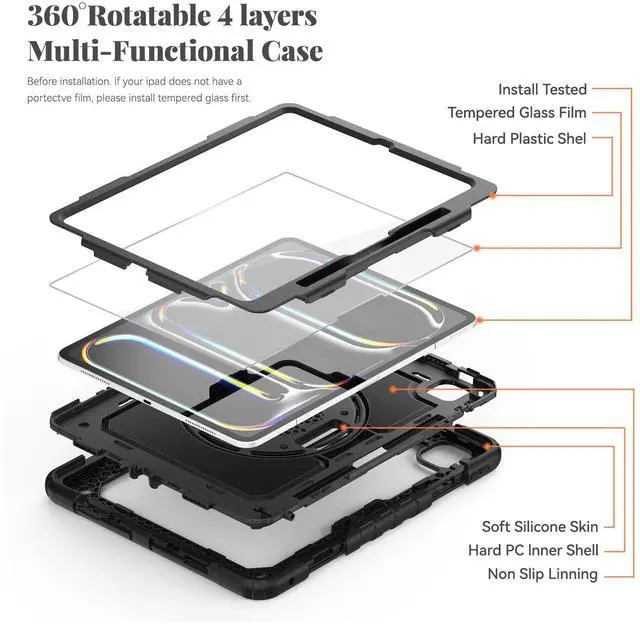 Alt view image 2 of 5 - BLOSOMEET Case for iPad Pro 13 Inch 2024 M4 with Tempered Glass Screen Protector & Pencil Holder, Heavy Duty iPad Cover for Pro 13 Inch with Stand Handle Shoulder Strap (Black)