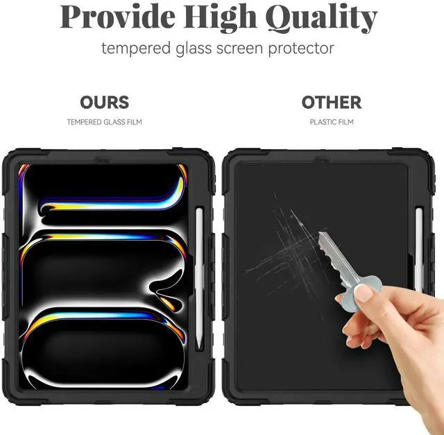 Alt view image 3 of 5 - BLOSOMEET Case for iPad Pro 13 Inch 2024 M4 with Tempered Glass Screen Protector & Pencil Holder, Heavy Duty iPad Cover for Pro 13 Inch with Stand Handle Shoulder Strap (Black)
