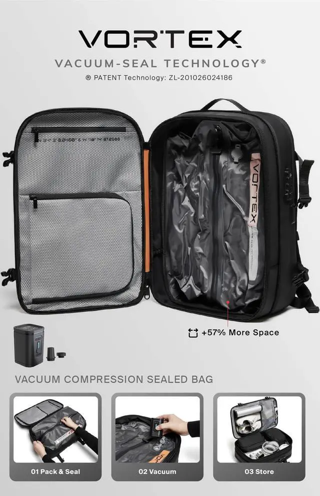 Alt view image 2 of 5 - BlackVoyage Vortex Vacuum Seal Travel Backpack 60L Exapandable Air Compression System Water Resistant TSA Lock Carry-On Suitcase Luggage Black AERO - Vacuum Pump Included