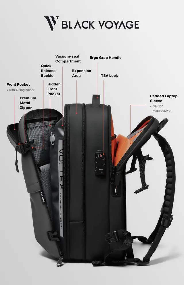 Alt view image 4 of 5 - BlackVoyage Vortex Vacuum Seal Travel Backpack 60L Exapandable Air Compression System Water Resistant TSA Lock Carry-On Suitcase Luggage Black AERO - Vacuum Pump Included