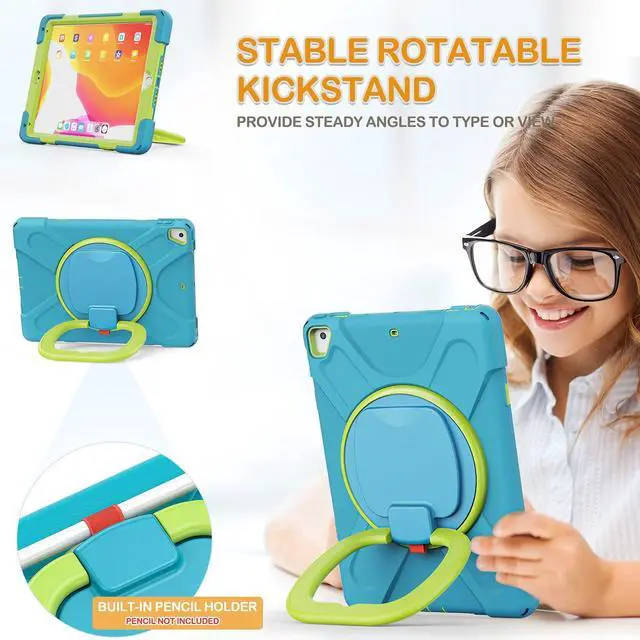 Alt view image 3 of 5 - BRAECN Kids Case for iPad 9.7 Inch iPad 6th/5th Generation(2018/2017), 3-Layer Full-Body Rugged Silicone Case w/Rotatable Handle Grip, Shoulder Strap, Pencil Holder, Kickstand for iPad Air 2-Sky Blue