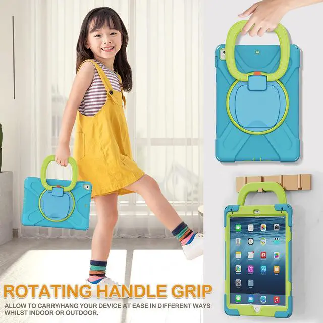 Alt view image 4 of 5 - BRAECN Kids Case for iPad 9.7 Inch iPad 6th/5th Generation(2018/2017), 3-Layer Full-Body Rugged Silicone Case w/Rotatable Handle Grip, Shoulder Strap, Pencil Holder, Kickstand for iPad Air 2-Sky Blue