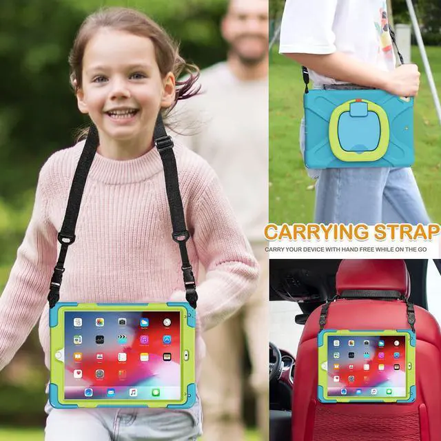 Alt view image 5 of 5 - BRAECN Kids Case for iPad 9.7 Inch iPad 6th/5th Generation(2018/2017), 3-Layer Full-Body Rugged Silicone Case w/Rotatable Handle Grip, Shoulder Strap, Pencil Holder, Kickstand for iPad Air 2-Sky Blue