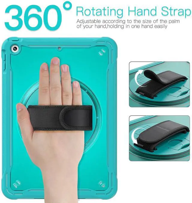 Alt view image 3 of 5 - BRAECNstock Case for iPad 9th/8th/7th Generation 10.2 inch 2021/2020/2019,Fully Rugged Protective Cover for Kids with Pencil Holder,Screen Protector,360 Rotating Stand & Hand Strap,Light Blue