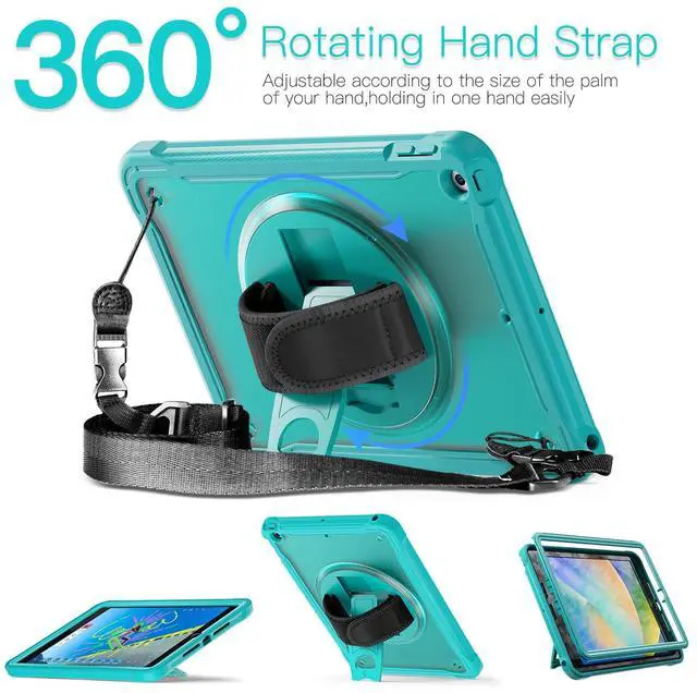 Alt view image 4 of 5 - BRAECNstock Case for iPad 9th/8th/7th Generation 10.2 inch 2021/2020/2019,Fully Rugged Protective Cover for Kids with Pencil Holder,Screen Protector,360 Rotating Stand & Hand Strap,Light Blue