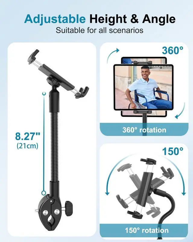 Alt view image 2 of 5 - CANHET Tablet Holder for Wheelchair/Stroller/Spin Bike/Treadmill/Mic Stand/Boat/Handlebar Clamp, 360deg Gooseneck Mount with Adjustable Arm for 4-13" iPad Pro Air Mini, Phone, Galaxy Z Fold, Fire HD