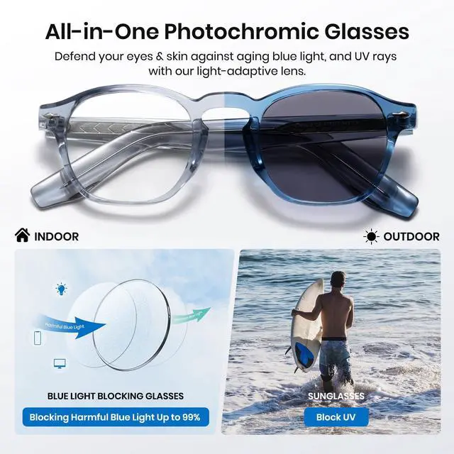 Alt view image 3 of 5 - Cyxus Photochromic Glasses Both Frames and Lenses Color Changing with Blue Light Blocking UV Protection(8230i75 Light Color to Blue)