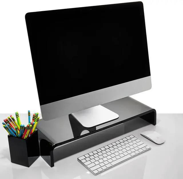 Main image of Acrylic Monitor Stand with Matching Pen Holder, 12mm Thick Clear Acrylic Monitor Riser, Laptop Stand for Home, Office, and Work. Computer Desk Riser with Keyboard Storage for LCD LED TV Screen (Black)
