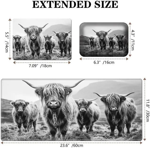 Alt view image 2 of 5 - Gaming Mouse Pad Desk Mat,Small Mouse Pad & Wrist Rest Support Set, Ergonomic Memory Foam Wrist Rest Support & for Laptop Non-Slip Desk Mat (23.6x11.8in)-Highlands Cattle Cow