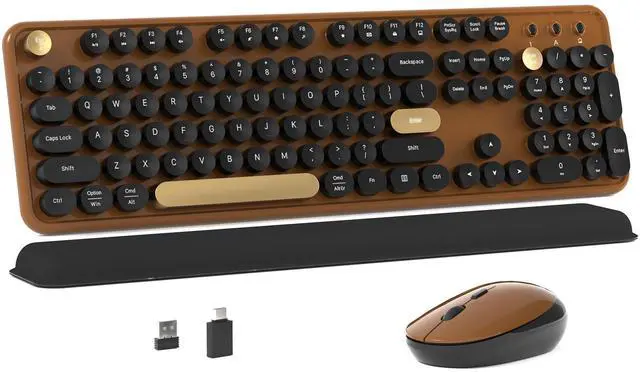 Main image of MPTOG Colorful Wireless Computer Keyboard and Mouse Combo with Round Typewriter Keycaps, Retro Design, Power Switch, Ergonomic Design, 2.4GHz Wireless for Windows, Mac, PC(Black-Brown)