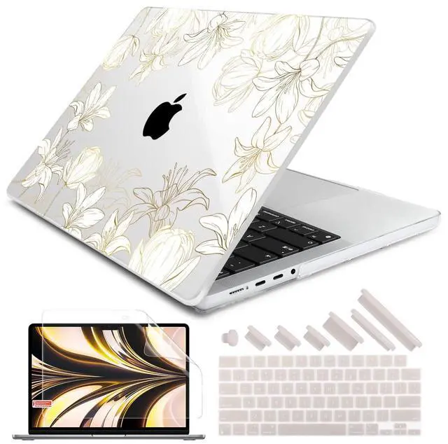 Main image of DONGKE for M4 MacBook Pro 16 Inch Case 2024 2023 2021 A3403 A3186 M3 A2991 M2 A2780 M1 A2485 Pro/Max Chip, Plastic Hard Shell Case & Keyboard Cover for Mac Pro 16 with Touch ID, Gold Floral