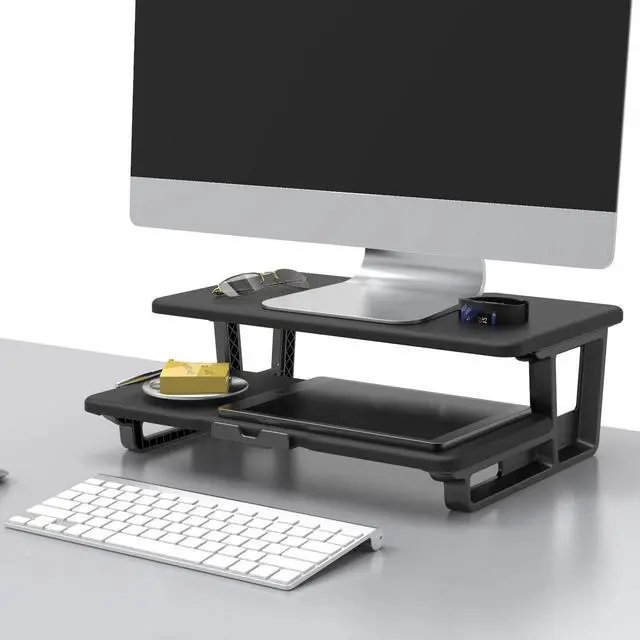 Alt view image 2 of 5 - Doowiit Monitor Stand Riser 2 Tier, monitor stand for desk with Phone Holder and Cable Management -2 Tiers Monitor Riser, TV Riser Stand, (Black)