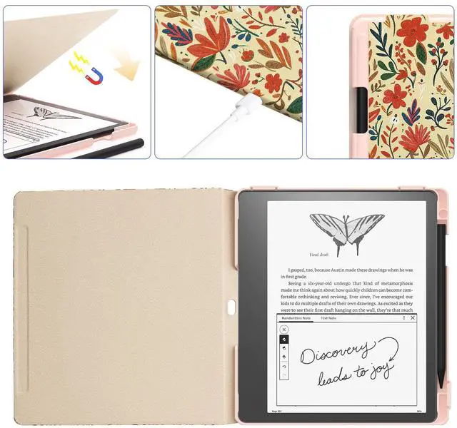 Alt view image 4 of 5 - E NET-CASE Case for Kindle Scribe (2024/2022 Released) - Lightweight and Hard Back Shell Protective Book Folio Cover with Auto Sleep Wake for Kindle Scribe 10.2" 2024/2022 with Pen Holder (Blossoms)