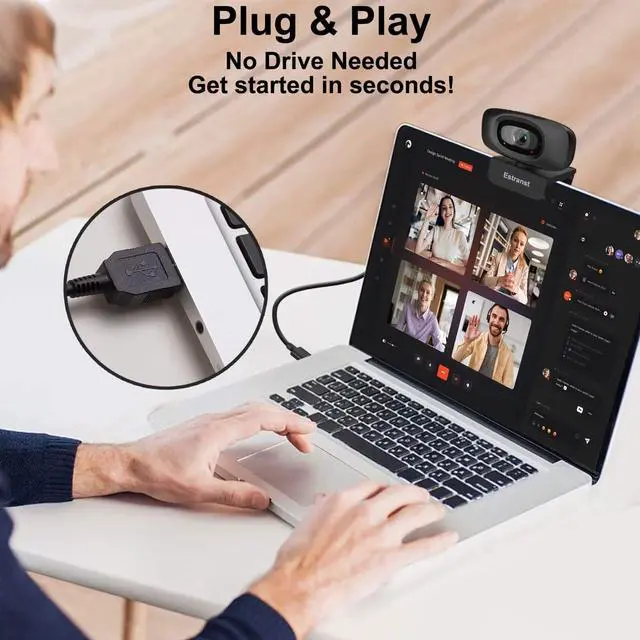 Alt view image 5 of 5 - Estranst 2K Quad HD Webcam with Privacy Cover & Noise-Canceling Microphone, Video Web Streaming Camera for PC Computer Desktop Laptop Mac Zoom Teams &More, 1pc USB C Adapter