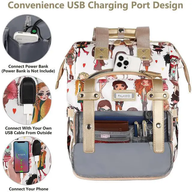 Alt view image 5 of 5 - FALANKO Laptop Backpack for Women,Teacher Doctor Nurse Work Purse Bag for 15.6 Inch Laptop, Wide Open Computer Bookbag, Large backpack for women with USB Charging Port RFID Anti Theft Pocket