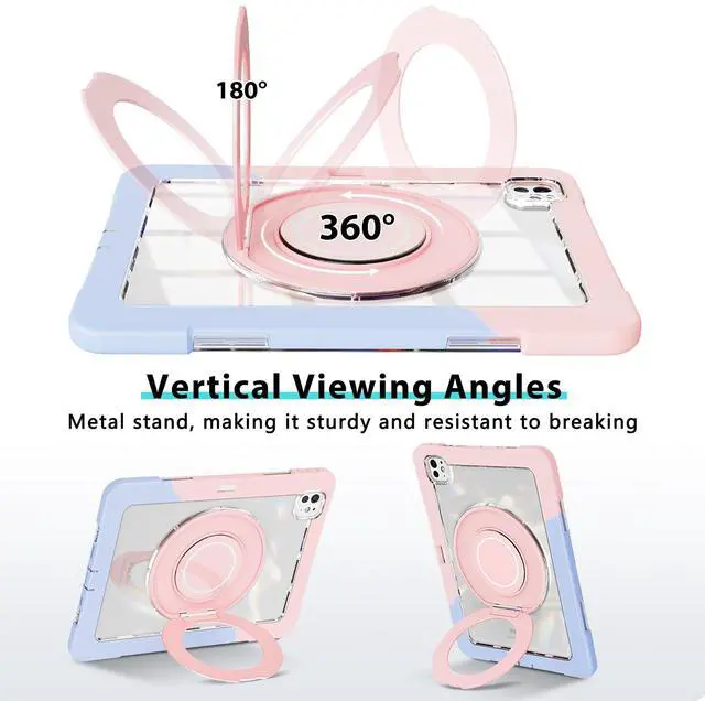 Alt view image 2 of 5 - for iPad Pro 11 Inch Case 2024 5th Generation (M4) - with Pencil Holder/Screen Protector/Rotating Stand, Clear Shockproof Rugged Protective Cover for iPad Pro 11 5th Gen (Blue Pink)