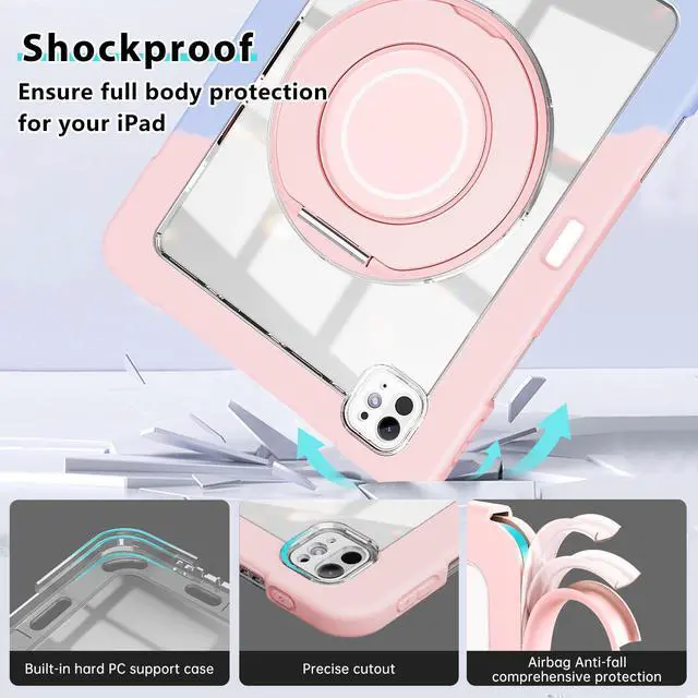 Alt view image 3 of 5 - for iPad Pro 11 Inch Case 2024 5th Generation (M4) - with Pencil Holder/Screen Protector/Rotating Stand, Clear Shockproof Rugged Protective Cover for iPad Pro 11 5th Gen (Blue Pink)