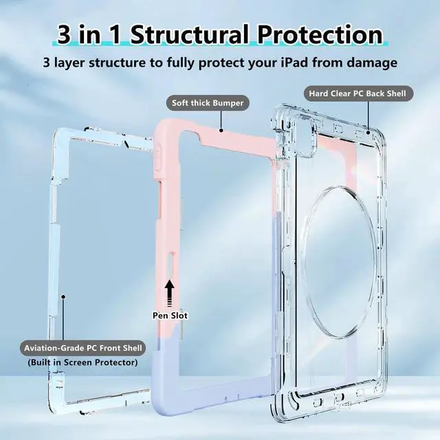 Alt view image 4 of 5 - for iPad Pro 11 Inch Case 2024 5th Generation (M4) - with Pencil Holder/Screen Protector/Rotating Stand, Clear Shockproof Rugged Protective Cover for iPad Pro 11 5th Gen (Blue Pink)