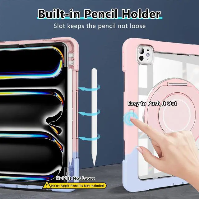 Alt view image 5 of 5 - for iPad Pro 11 Inch Case 2024 5th Generation (M4) - with Pencil Holder/Screen Protector/Rotating Stand, Clear Shockproof Rugged Protective Cover for iPad Pro 11 5th Gen (Blue Pink)