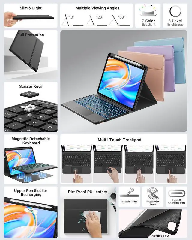 Alt view image 3 of 5 - GreenLaw for iPad Air 11 inch case with Keyboard(M2, 2024), for iPad Pro 11 (4th/3rd/2nd/1st Gen) & iPad Air 5th/4th Gen, 7-Color Backlit, Smart Touchpad, 2 Device Connection, Black