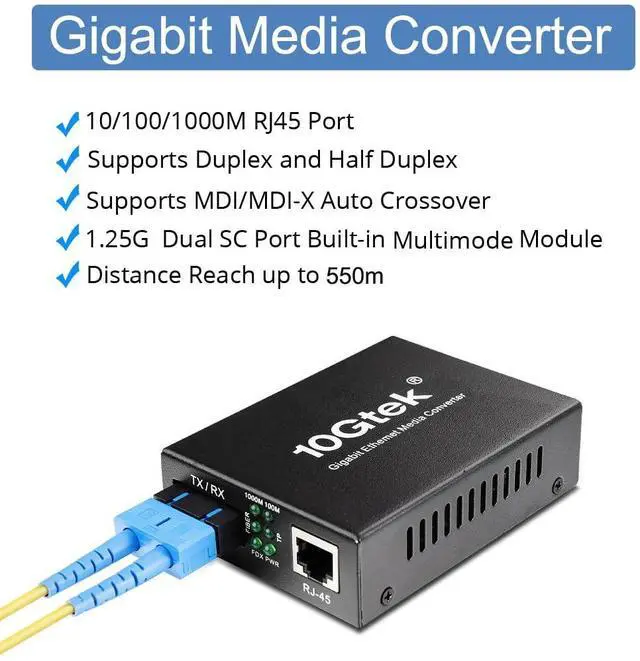 Alt view image 2 of 5 - Gigabit SC to RJ45 Fiber Media Converter, Multimode Fiber to Ethernet Converter, 10/100/1000Mbps RJ45 Port to 1000Mbps Multi-Mode Fiber Dual SC Port, MMF, 850nm, up to 550m, Auto-Negotiation