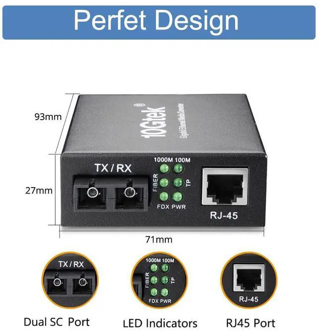 Alt view image 4 of 5 - Gigabit SC to RJ45 Fiber Media Converter, Multimode Fiber to Ethernet Converter, 10/100/1000Mbps RJ45 Port to 1000Mbps Multi-Mode Fiber Dual SC Port, MMF, 850nm, up to 550m, Auto-Negotiation