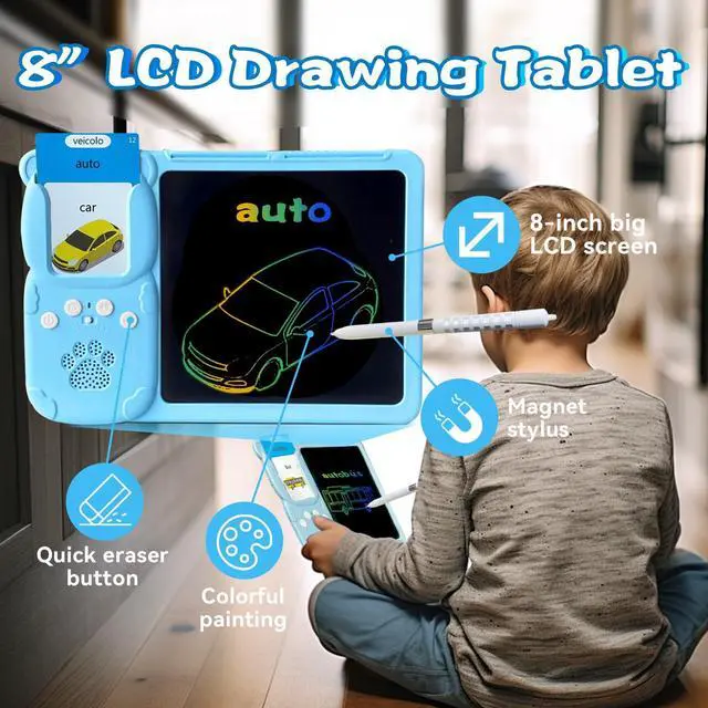 Alt view image 2 of 5 - HALCONTORNO Drawing Writing Tablet for Toddlers - Talking English Italian Flash Cards for Kids 3-12, Bilingual Sensory Toys for Autistic Children, 510 Sight Words, Travel Activity (Blue)
