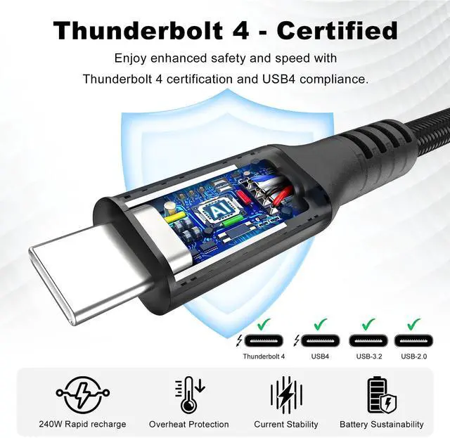 Alt view image 5 of 5 - 40Gbps Thunderbolt 4 Cable [Intel Certified] 3.3ft USB C to USB C Cable, 240W(5A) Charging Cord, Braided Type C Cable Compatible for Dual 8K/4K Display, USB4, SSD, eGPU, Mac Studio/mini, iphone