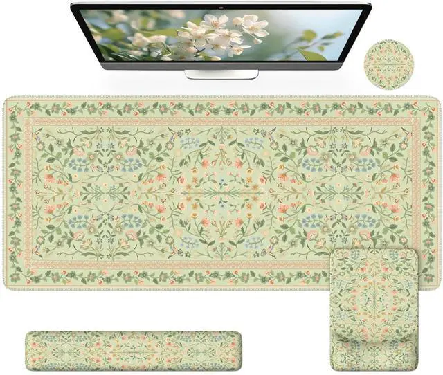 Main image of iCasso Desk Mat with Wrist Rest,Large Desk Pad for Keyboard and Mouse,Ergonomic Mouse Pad Sets for Women,Non-Slip Wrist Pad for Keyboard,Floral Computer Mat for Home OfficeLight Green