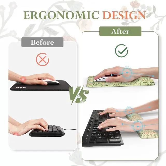 Alt view image 4 of 5 - iCasso Desk Mat with Wrist Rest,Large Desk Pad for Keyboard and Mouse,Ergonomic Mouse Pad Sets for Women,Non-Slip Wrist Pad for Keyboard,Floral Computer Mat for Home OfficeLight Green