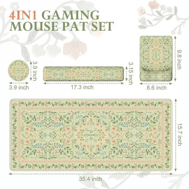 Alt view image 3 of 5 - iCasso Desk Mat with Wrist Rest,Large Desk Pad for Keyboard and Mouse,Ergonomic Mouse Pad Sets for Women,Non-Slip Wrist Pad for Keyboard,Floral Computer Mat for Home OfficeLight Green