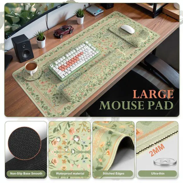 Alt view image 2 of 5 - iCasso Desk Mat with Wrist Rest,Large Desk Pad for Keyboard and Mouse,Ergonomic Mouse Pad Sets for Women,Non-Slip Wrist Pad for Keyboard,Floral Computer Mat for Home OfficeLight Green