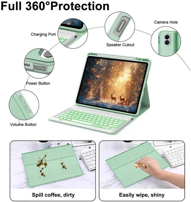 Alt view image 4 of 5 - IVEOPPE Keyboard Case for Xiaomi Redmi Pad Pro 12.1 Inch 2024/Xiaomi Poco Pad 12.1", 7 Colors Backlit, Detachable Bluetooth Wireless Keyboard Slim PU Stand Cover with Pencil Holder,Green