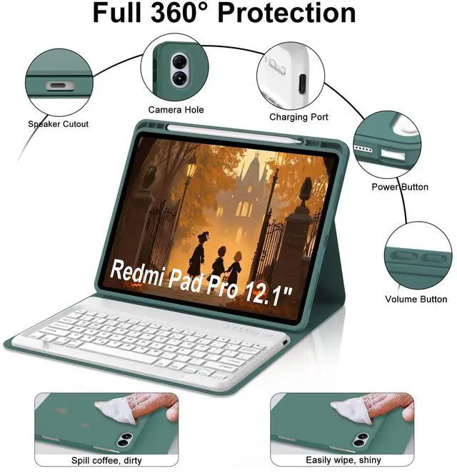 Alt view image 4 of 5 - IVEOPPE for Redmi Pad Pro Keyboard with Case for Xiaomi Redmi Pad Pro 12.1 inch 2024/Xiaomi Poco Pad 12.1" PU Leather Cover Detachable Bluetooth Wireless Keyboard with Pencil Holder,Deep Green