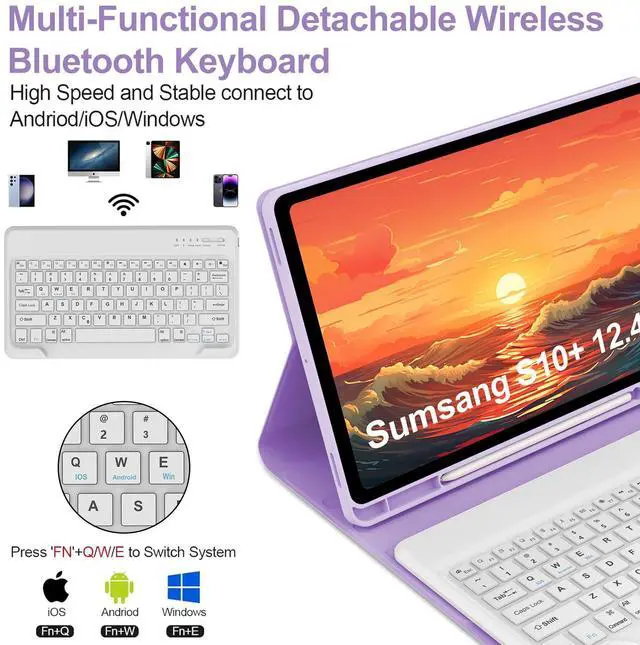 Alt view image 3 of 5 - Keyboard Case for Samsung Galaxy Tab S10+ Plus/S9+ Plus/S9 FE+ Plus/S8+ Plus/S7+ Plus/S7 FE 12.4 inch, Magnetic Detachable Bluetooth Wireless Keyboard, Slim Stand Cover Case with S Pen Holder, Purple