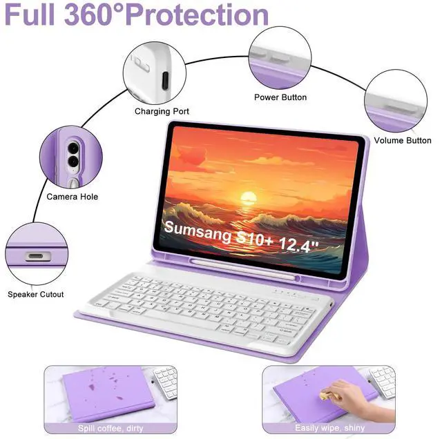 Alt view image 4 of 5 - Keyboard Case for Samsung Galaxy Tab S10+ Plus/S9+ Plus/S9 FE+ Plus/S8+ Plus/S7+ Plus/S7 FE 12.4 inch, Magnetic Detachable Bluetooth Wireless Keyboard, Slim Stand Cover Case with S Pen Holder, Purple