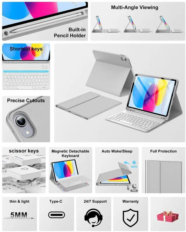 Alt view image 3 of 5 - for iPad 11th 10th Generation Case with Keyboard, Detachable Wireless Bluetooth Keyboard,Slim Folio Cover for iPad 11th A16 11 inch 2025 & 10th Gen 10.9 Inch 2022, Lightwight Long Battery Life, Grey