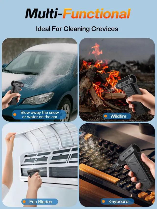 Alt view image 3 of 5 - Multi Functional Fan Air Duster - Violent Fan Suitable for Cars, Houses, Computer Keyboards, and Outdoor use; 4-Speed Adjustable Wind Drying, dust Removal, air Blowing and Suction 130000RPM