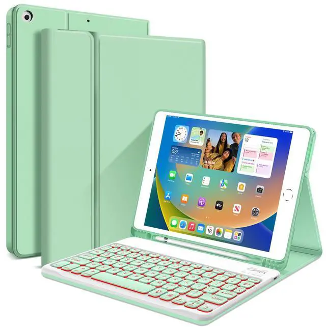 Main image of JUQITECH iPad 9th Generation Case with Keyboard 10.2, Backlit Wireless Bluetooth Magnetic Keyboard Case for iPad 9th 8th 7th Gen 2021 2020 2019 Stand Tablet Smart Cover, Pencil Holder, Light Green